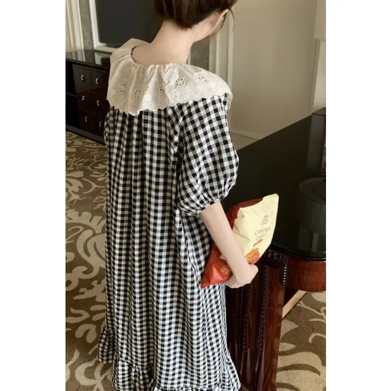 Women's Summer Thin Loose Pajamas Can Be Worn Outside Loungewear Sweet Lace Plaid Court Cotton and Linen Short-sleeved Nightgown