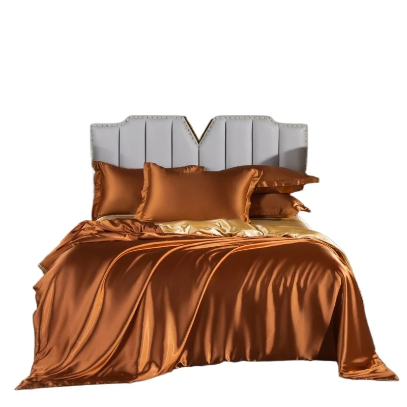 

Solid Colour Satin Rayon Duvet Cover Bed Sheet Pillowcase Summer Couple Luxury Double Bed Bedding Set 4-piece King Size