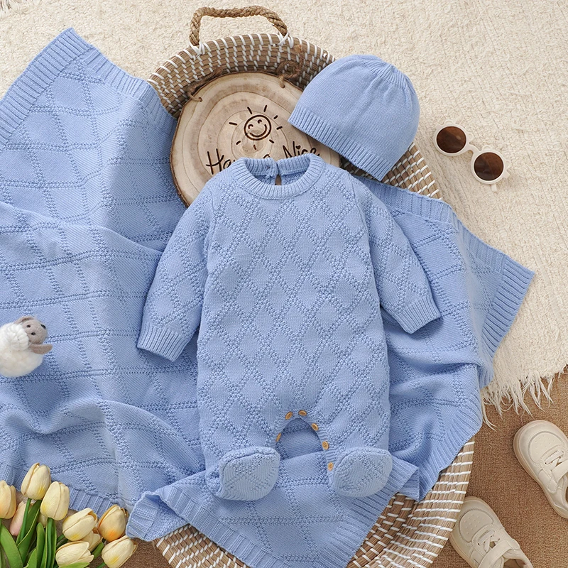 Newborn baby knitwear 3-piece set, diamond jacquard long-sleeve onesie, knit round hat, blanket, gift set for baby boys