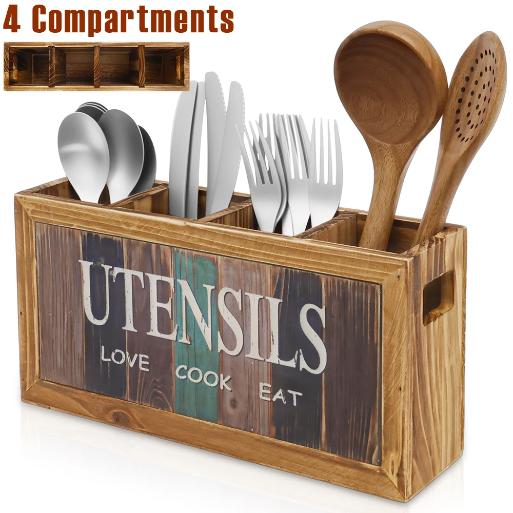 

Деревянный органайзер для кухонных принадлежностей на 4 отделения: подставка для лопаток, палочек, ложек и вилок