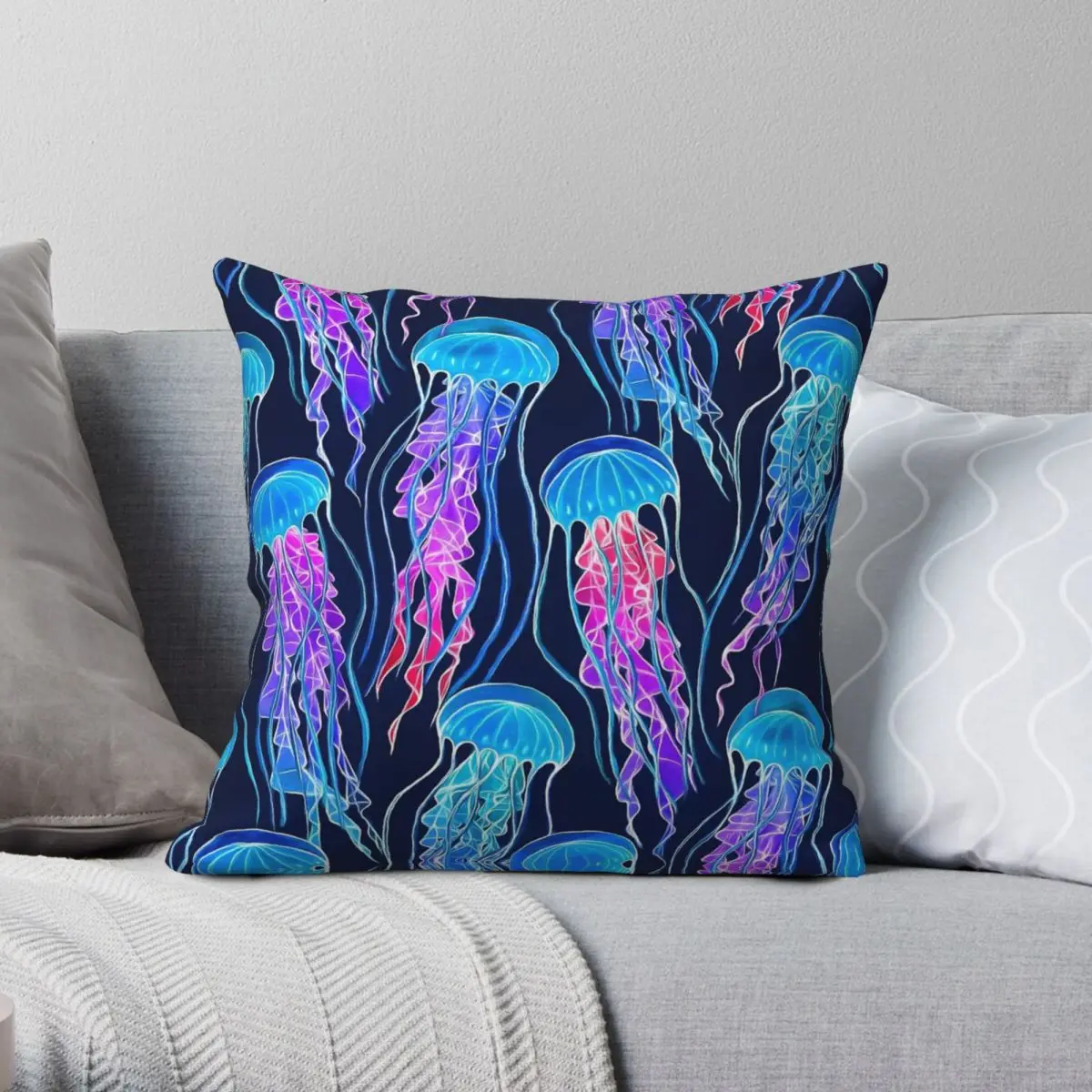 Luminescent Rainbow Jellyfish Square Pillowcase Polyester Linen Velvet Printed Zip Decorative Sofa Seater Cushion Case 45x45