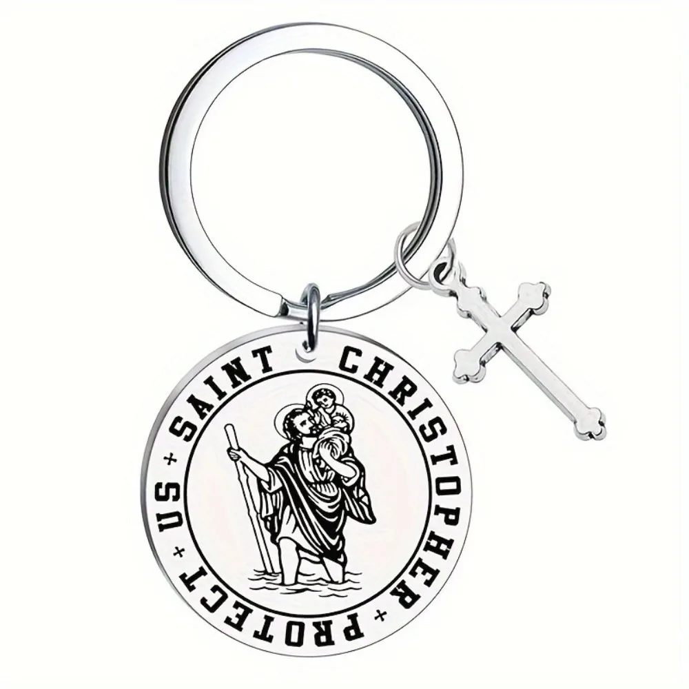Stainless Steel Saint Christopher Protect Us Keychain Travel Blessing Faith Cross Key Chain Car Keyring Gift for Friends Family