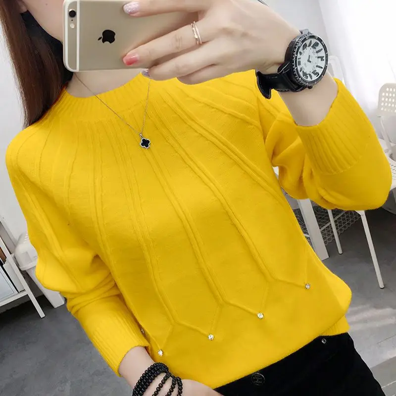 Autumn Winter New Fashion Round Neck Long Sleeve Solid Pullovers Women\'s Clothing Diamonds Loose All-match Sweater Korean Top