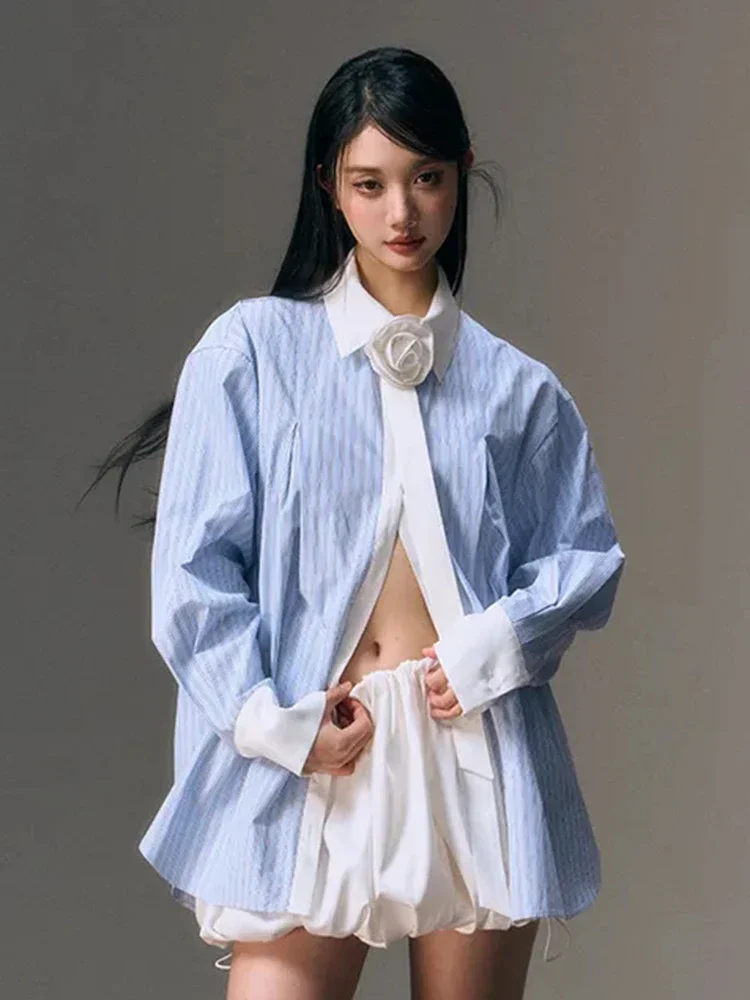 Zoki ثلاثية الأبعاد الأزهار مخطط قميص المرأة عادية أنيقة طويلة الأكمام الكورية بلوزة فضفاضة تصميم الأزياء المرقعة الإناث الحلو القمم جديد #2