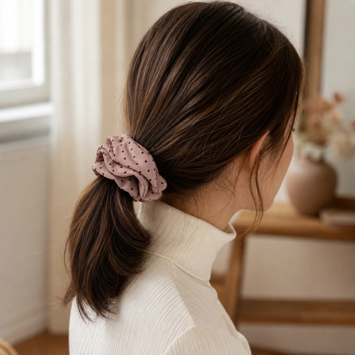 Dusty Rose Beige Dark Brown Polka Dot Ruffled Double-Layer Hair Scrunchie for Ponytails and Buns 5