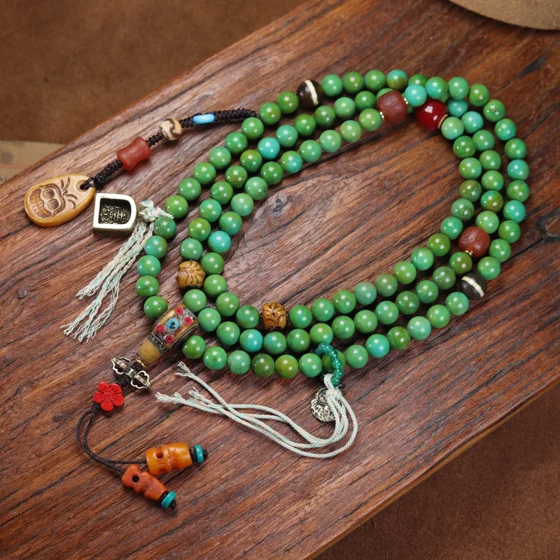 Tibetan-style yellow turquoise multi-loop bracelet, Buddhist bead chain, magnesite DIY beads, camel bone three-way connector acc