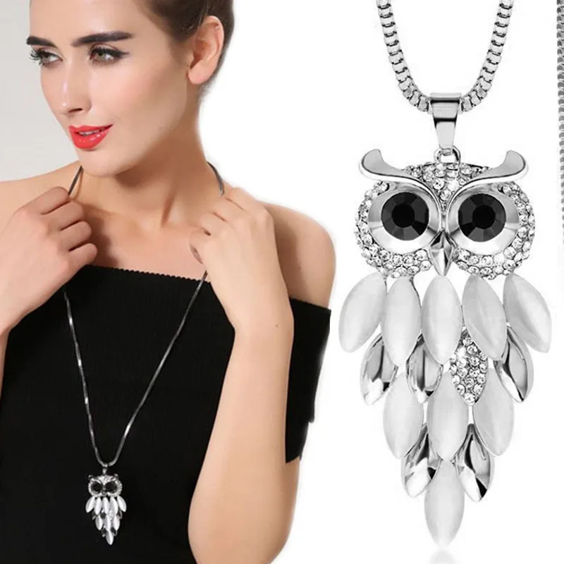 Black Chain Owl Necklaces & Pendants for Women 2022 Winter Jewelry Fashion Opal Chain Long Necklace Collier Femme Christmas Gift