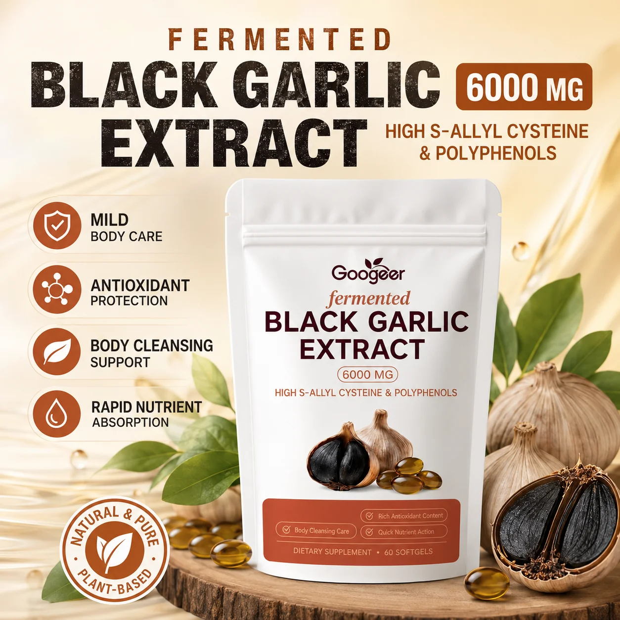 Googeer Fermented Black Garlic Extract Softgels Antioxidant Protection with S-Allyl Cysteine and Polyphenols 60 Softgels