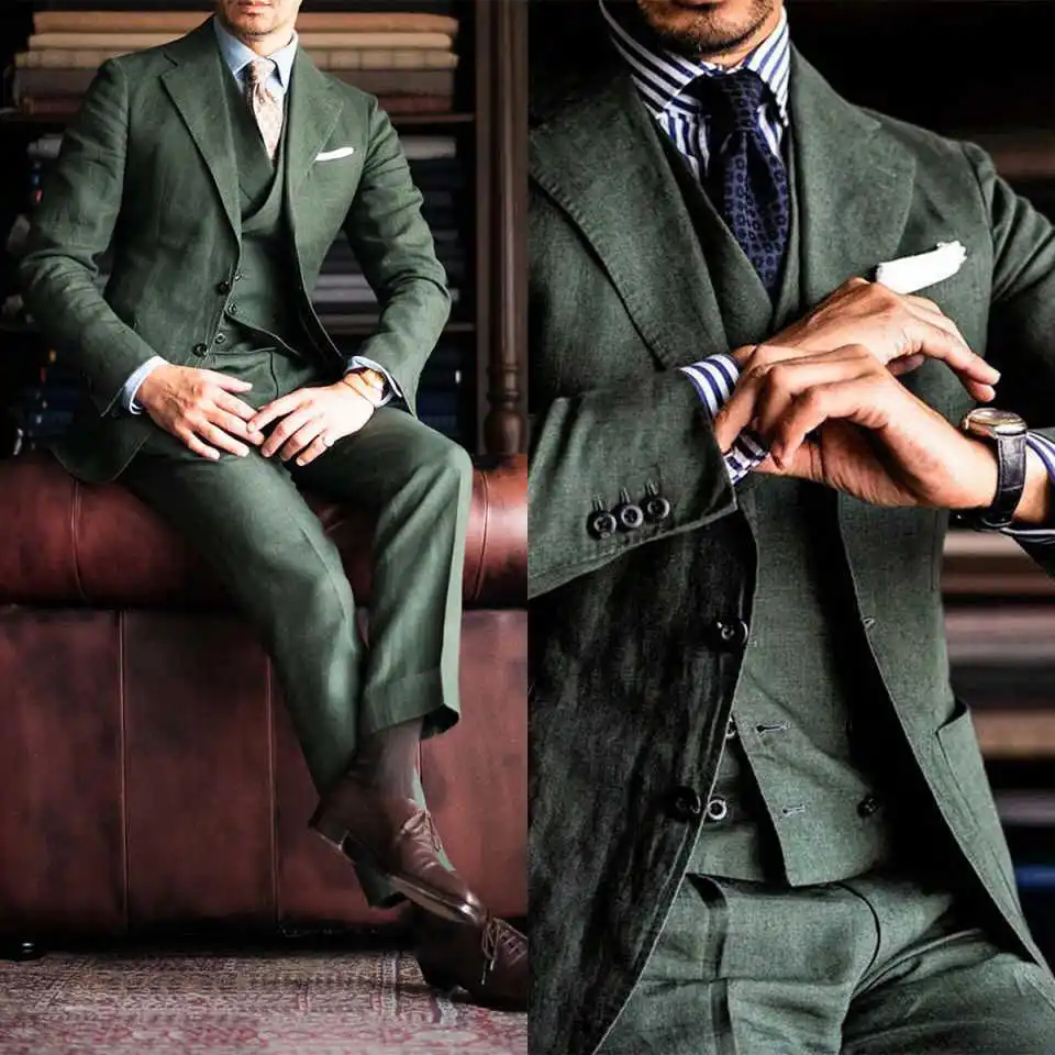 

Зеленый 3-х предметный мужской костюм по индивидуальному заказу, куртка с зубчатыми лацканами и одной пуговицей, пиджаки, классическая тонкая одежда для вечеринок и вечеринок