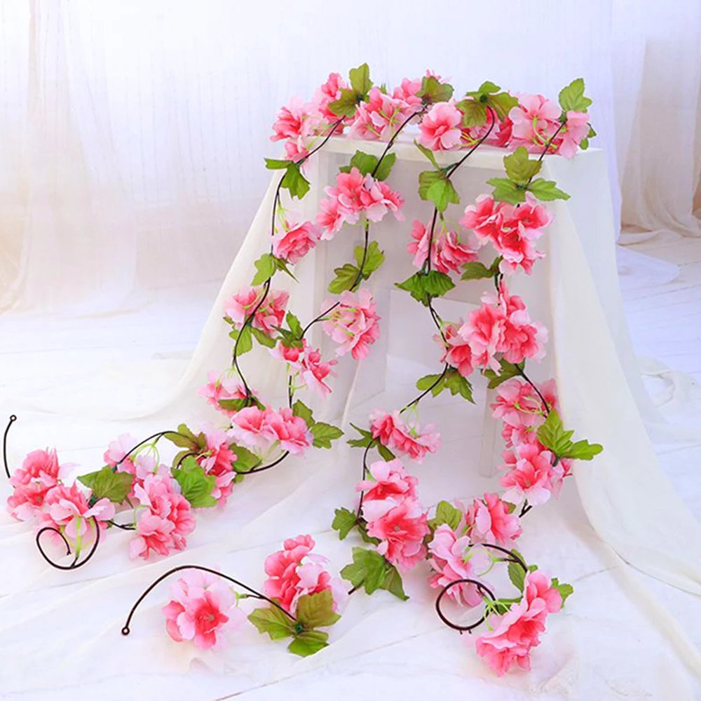 220cm Artificial Sakura Flowers Vine Pink Cherry Blossom Garland Fake Flower Wedding Arch Party Christmas Home Garden Decoration