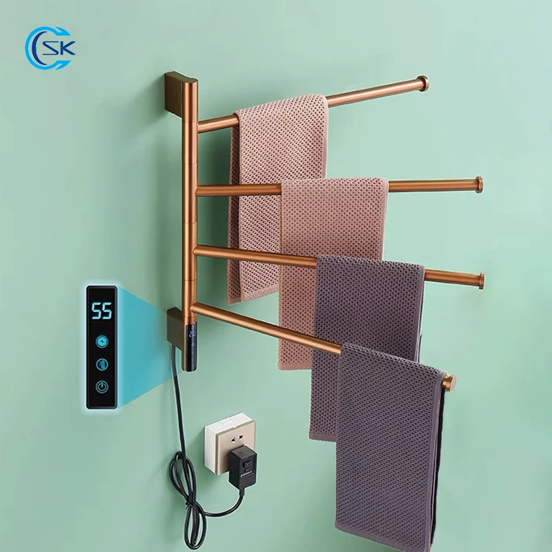 Bathroom Rose Gold Towel Warmer Touch Control Timing Electric Towel Rail Stainless Steel Heated Towel Rack Hidden/Exposed Wires