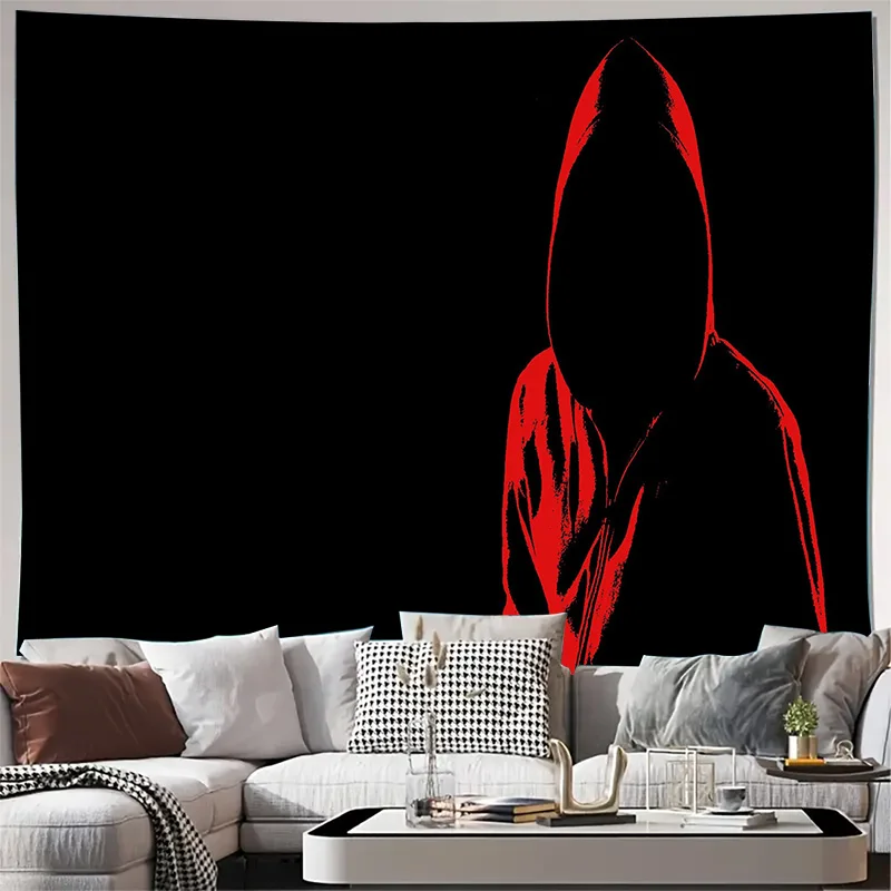 Red Hooded Figure Silhouette on Black Background Mysterious Gothic  Wall Tapestry Machine Washable All Season Decor Print Home
