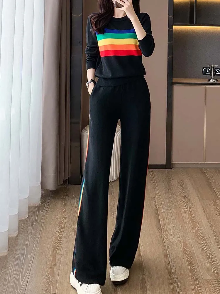 

Повседневный пуловер с круглым вырезом, Радужный Вязаный топ + свободные широкие брюки, комплект из двух предметов, осень 2024, Новая модная женская одежда