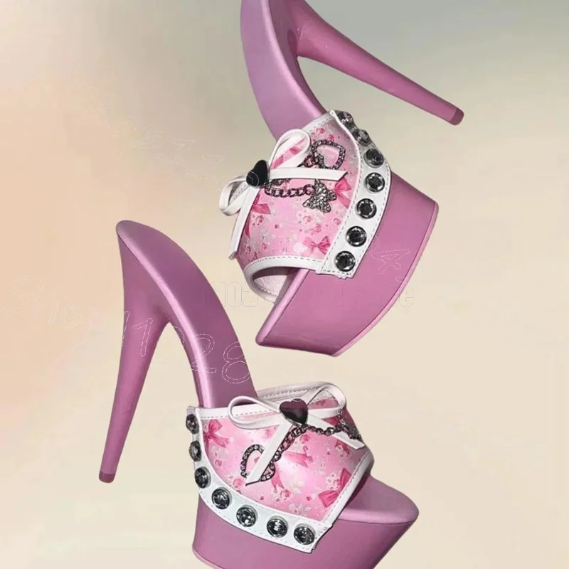 

Pink Bow Knot Metal Crystal Decor Platform Slippers Slip On Women Shoes Thin High Heels Party Banquet 2025 Zapatos Para Mujere
