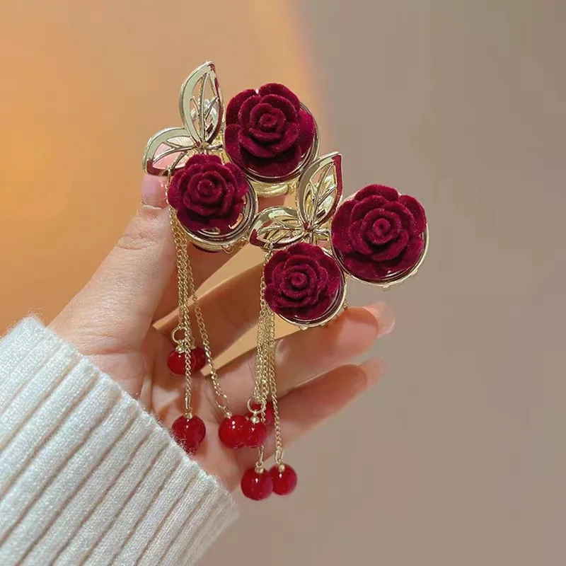 Rose Cherry Tassel Ponytail Grip Female Back Head Half Tie Hairpin High Sense Shark Clip Hairware