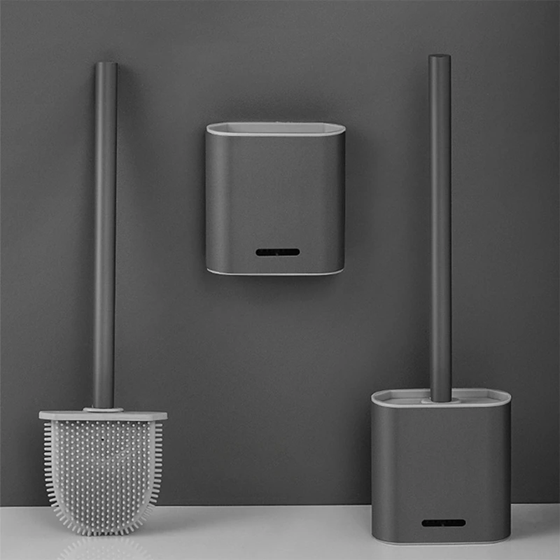 New Premium Silicone Toilet Brush - Grey - Toilet Brush Holder With Wall Mounting & Turbo Drying