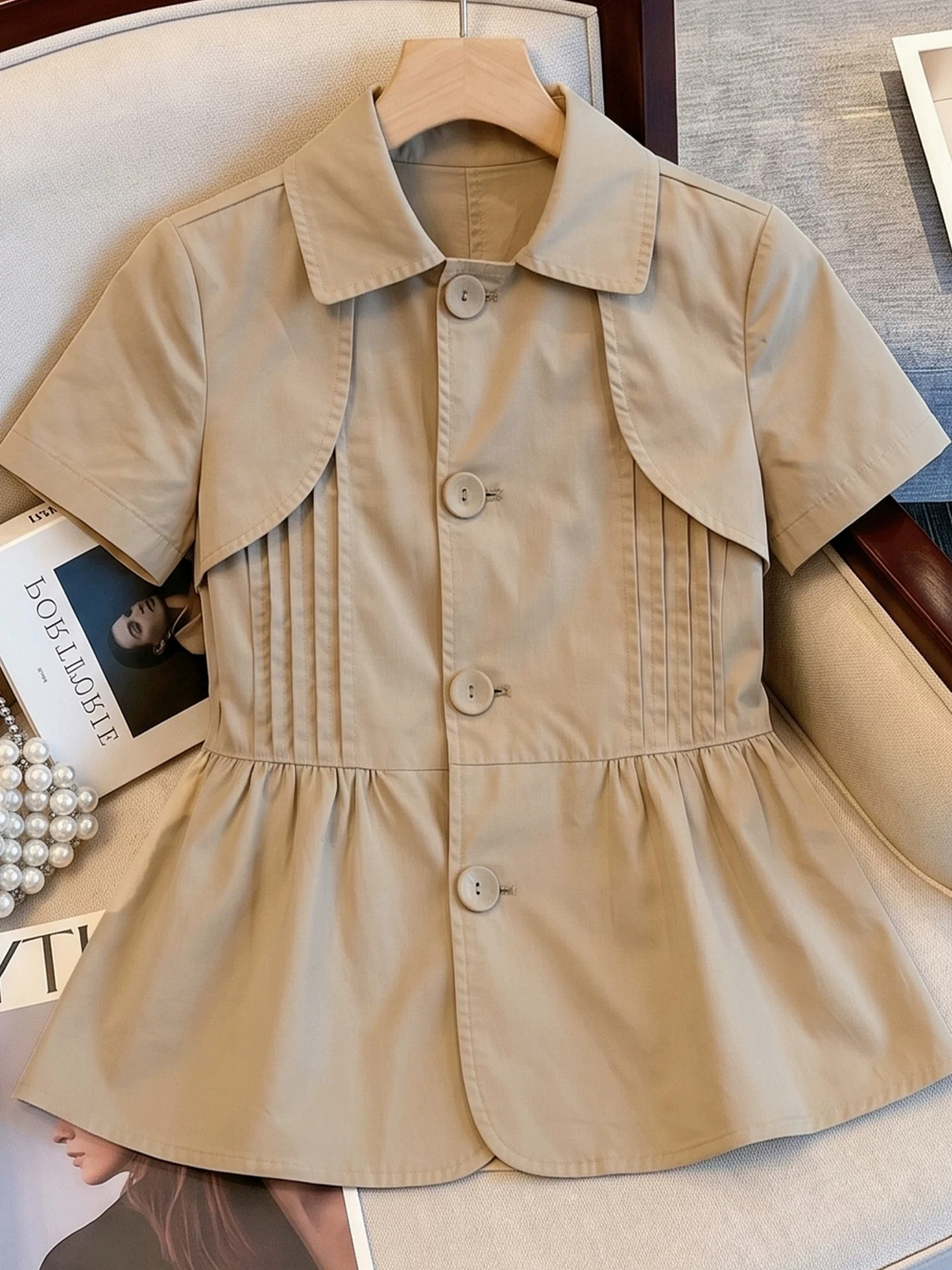 

plus Size Workwear Style Short Sleeve Waist Cinched Shirt Women's 2026 Summer New Design Button Open Cardigan Slimming Top
