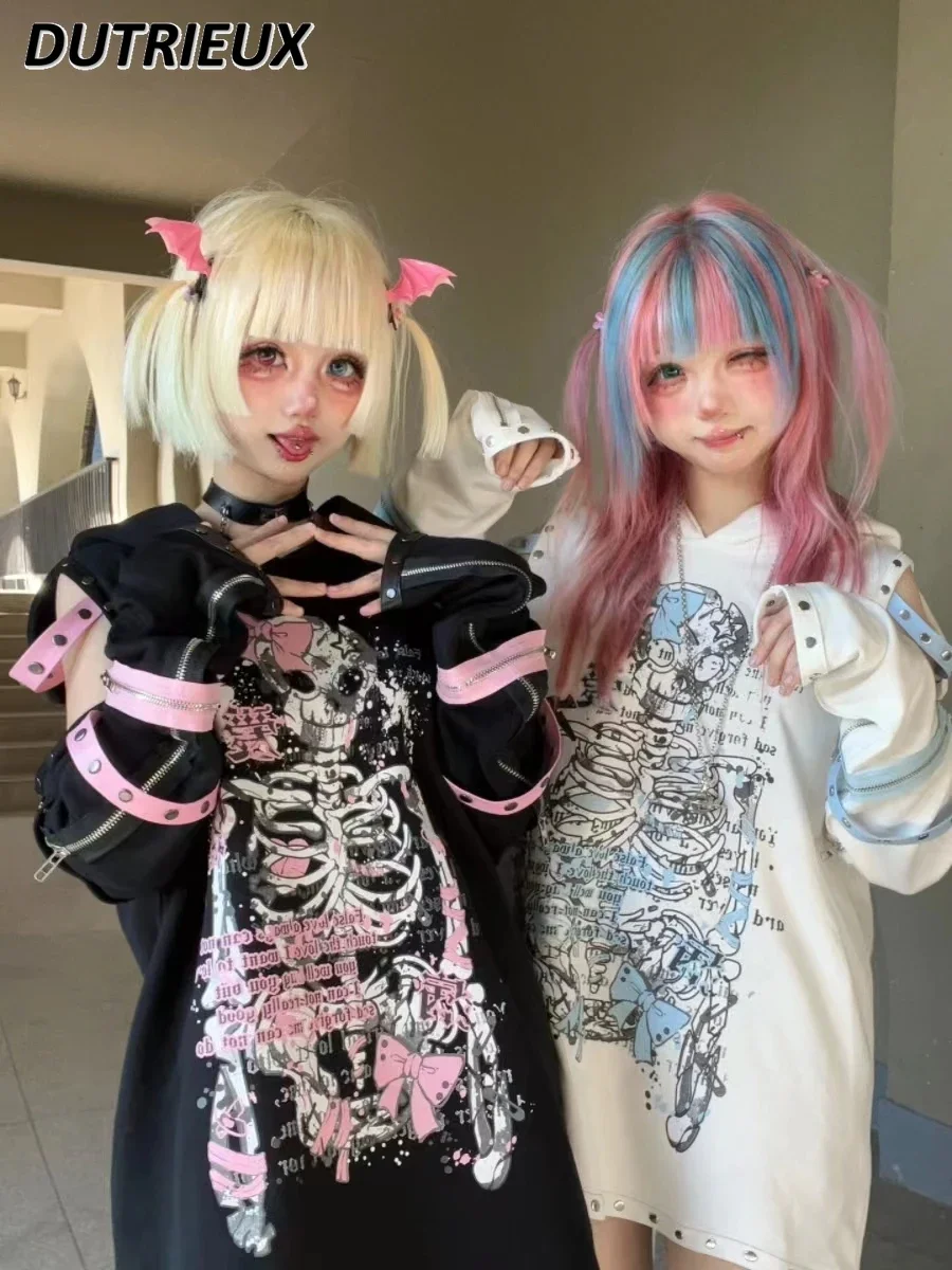 

Spring Autumn Sweet Subculture Loose Off-Shoulder Splicing Hooded Sweatshirt Cartoon Printed Versatile Long Sleeve Pullover