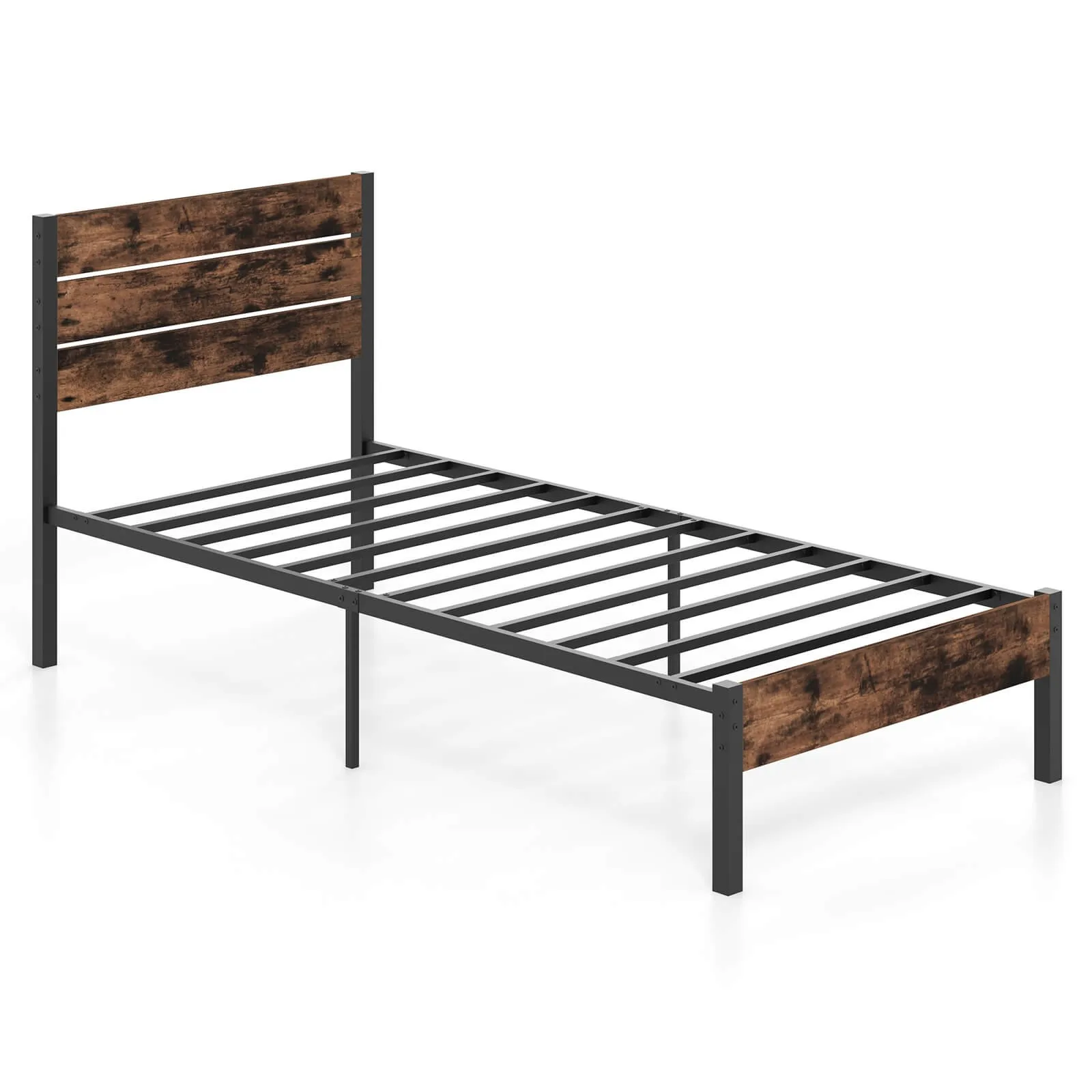 Twin Bed Frame with Tall Industrial Headboard Heavy-Duty Metal Slats Support