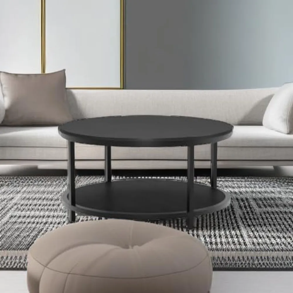 طاولة قهوة مستديرة سوداء مقاس 35.8 بوصة بنمط صناعي ريفي وأرجل بإطار معدني لغرفة المعيشة #5