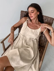 2023 Summer Autumn Women Holiday Solid Khaki Spaghetti Flare Linen Mini Dress For Women