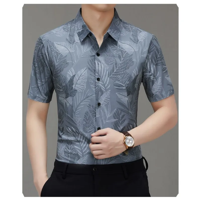 Men's Ice Silk Floral Print Shirt Short Sleeve Wrinkle Resistant Casual Tops