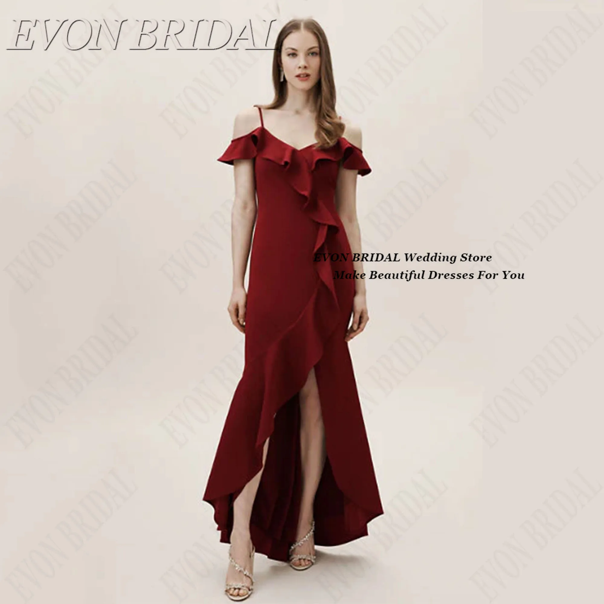 

EVON BRIDAL Red Satin Party Gowns For Ladies Elegant Red Carpet Bridesmaid Party Dress Spaghetti Straps Ceremony Dress Customize