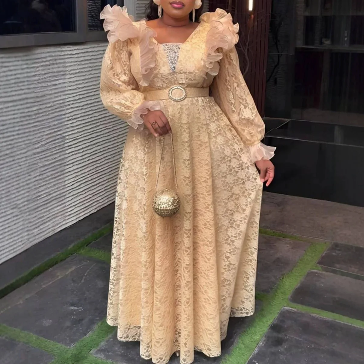 

QMANSHA Couture Plus Size Champagne Lace Maxi Dress Ruffle Neck Long Sleeve Belted Formal Evening Gown Party Wedding Guest Dress