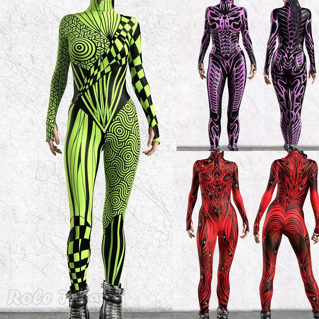 3D Digital Print Jumpsuit Zentai Cosplay Costume Women Multicolour Jumpsuits Sexy Romper Zipper Bodysuit Halloween Party