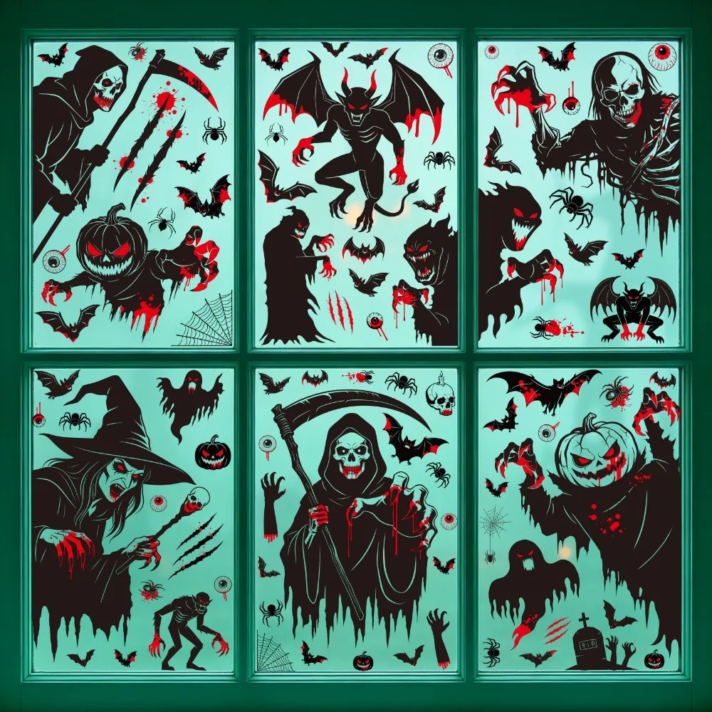 Halloween Static Window Stickers Grim Reaper Witch Ghost Bat Pumpkin Glass Decal Horror Party Removable Window Clings Home Decor
