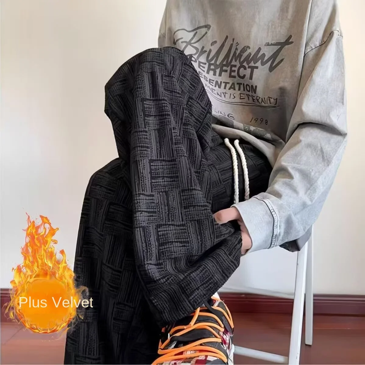 

Straight corduroy pants for men with velvet 2025 new trendy brand sports sweatpants, loose wide leg casual pants for men