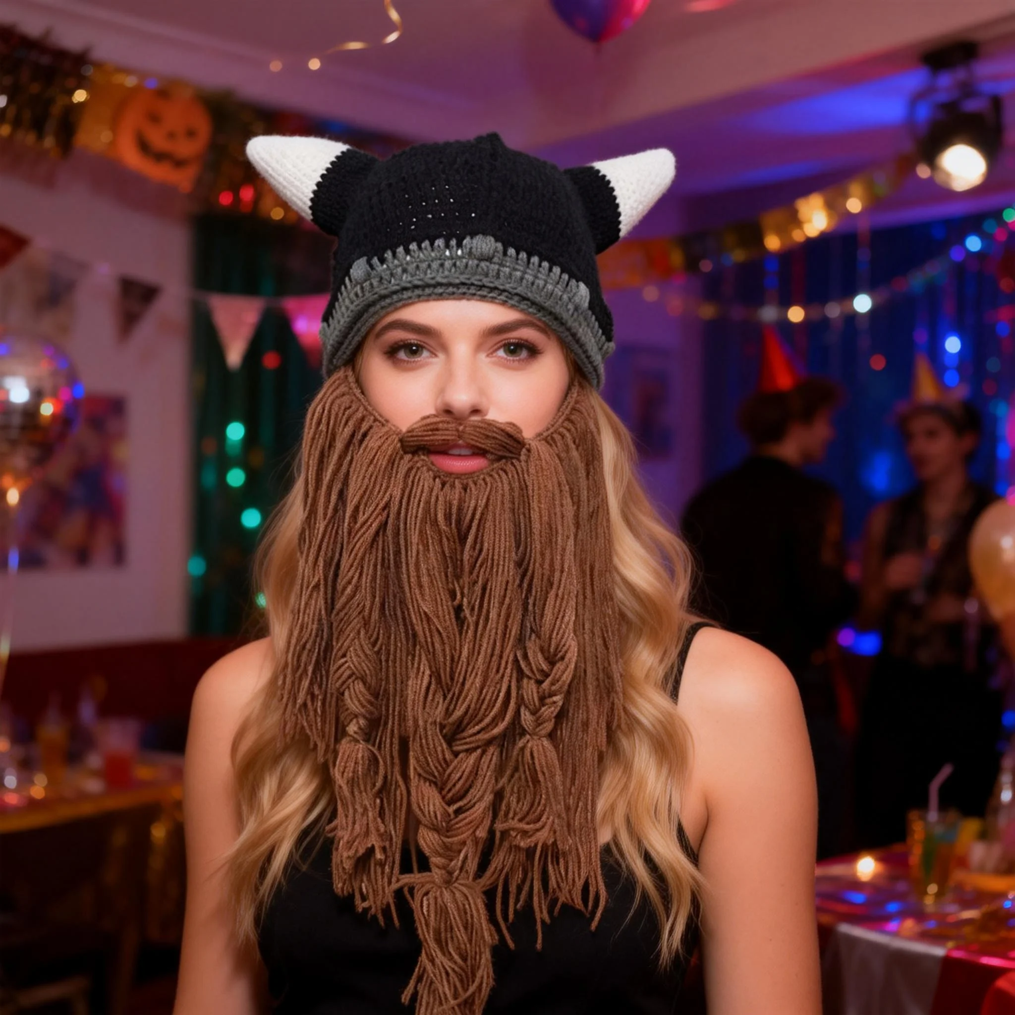 ワイルドネス・ワンダラー ニット帽 ロングビアード付き バイキングニット帽 角付き 手作りニット 暖かいスキー帽 面白いパーティーハット、北欧旅行者向け楽しい角付き帽子 バイキング柄、調節可能なひげが視界を遮らない、ユーモラスな冬のアウトドア活動やテーマパーティー用の暖かい帽子