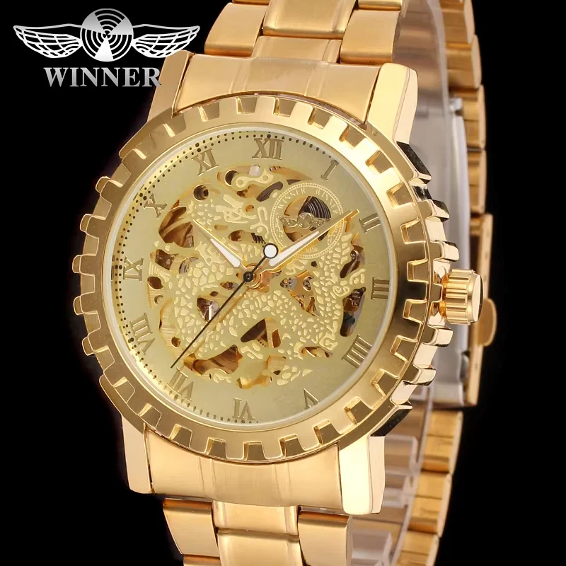 

T-winner Mechanical Watch Gold Round Gear Hollow Mechanical Watch Men's Mechanical Watch Silver Steel Strap Wrist Watch
