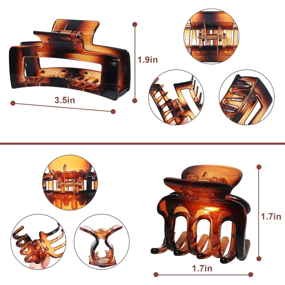 8 pinzas de pelo medianas para mujer, pinzas de garra pequeñas, combinación de estilos rectangulares y de plátano para cabello fino a grueso