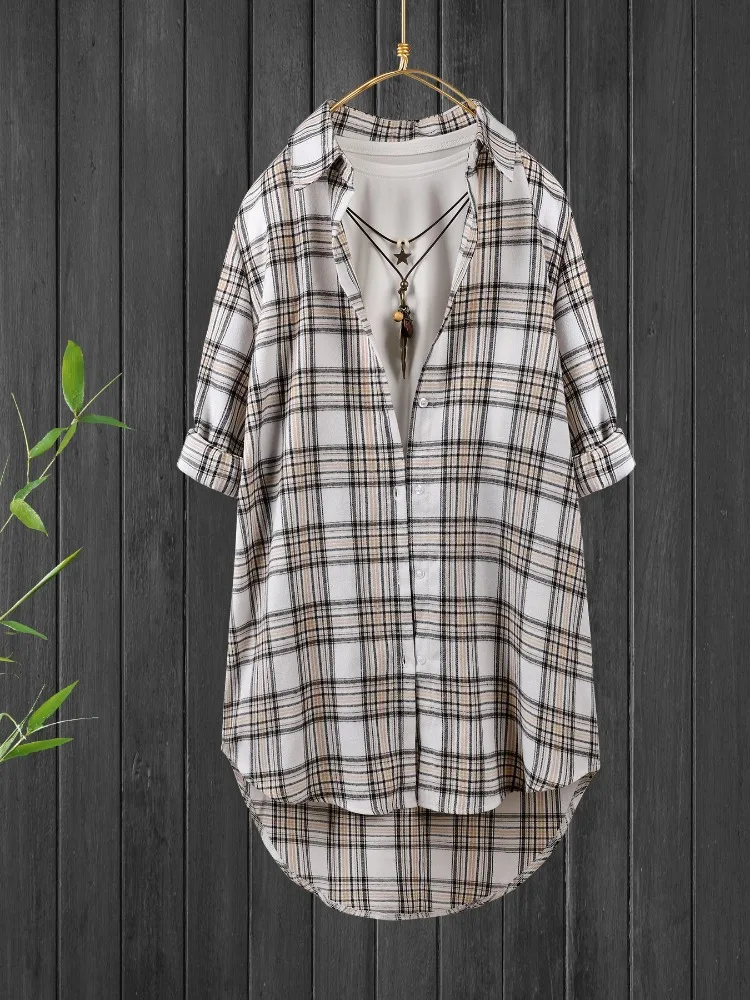 

Plus Size New Woman Casual Shirt Fashion Elegant Design Breathable Long Sleeve Plaid Button Tops Creative Female Clothing