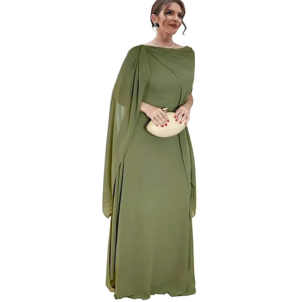 

Customized Elegant Women's Chiffon Long Mother of The Bride Dresses with Cape Scoop Neck Evening Formal Party Dress for Wedding