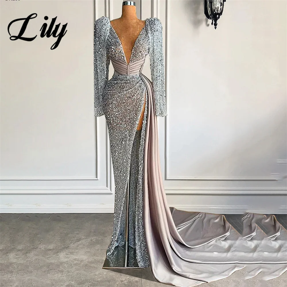 Lily Sequin Glitter Formal Dresses Silve V-Neck Party Dress For Wedding Sweetheart Special Occasion Dress with Split robe soirée