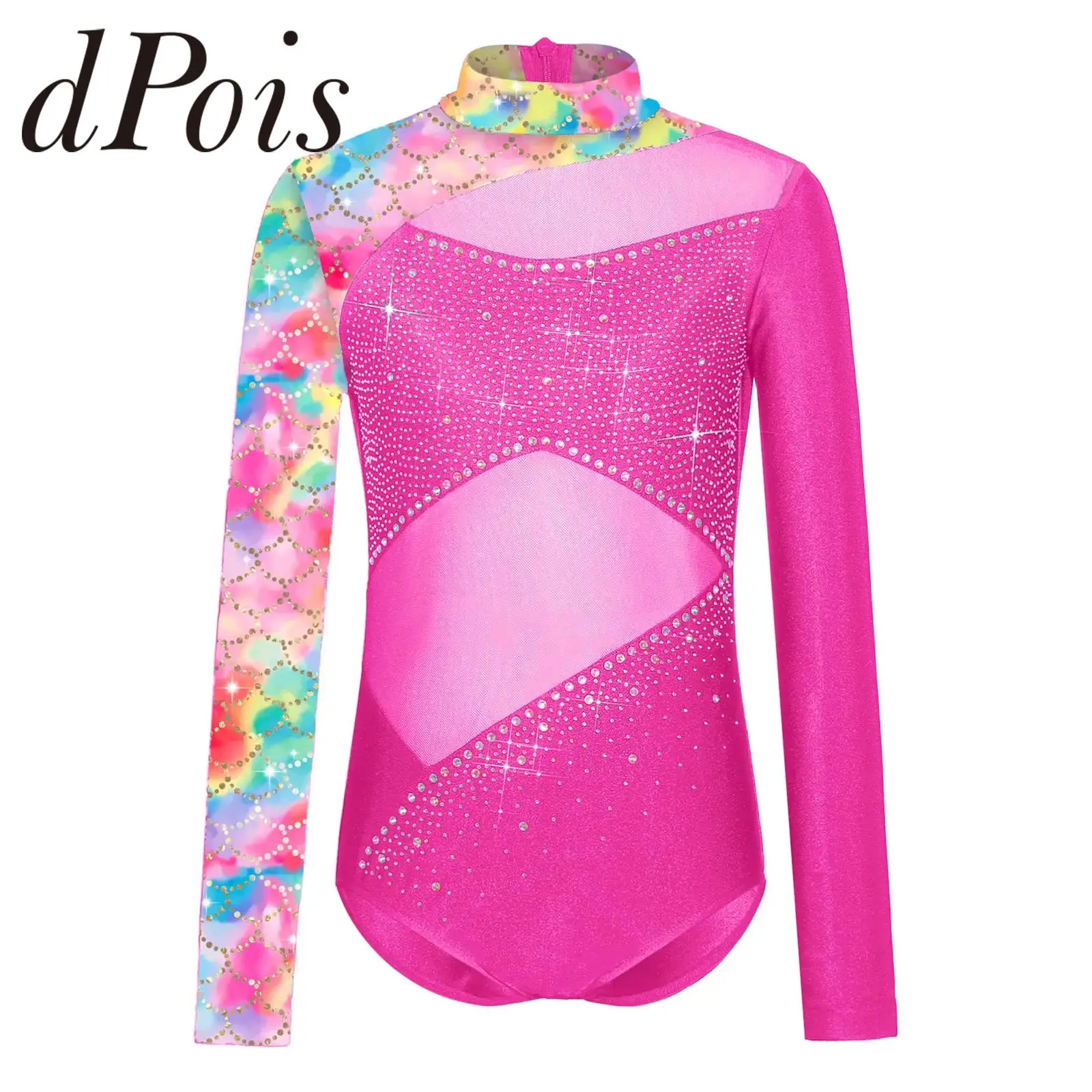 Kids Butterfly Print Shiny Rhinestones Skating Bodysuit Girls Gymnastics Leotard Dance Long Sleeve Mesh Patchwork Jumpsuits