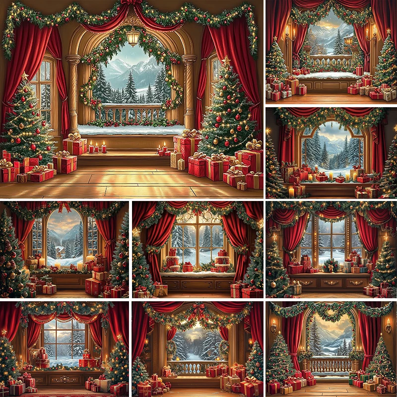 

LS Photography Background Winter Christmas Gifts Window Snowy Xmas Kids Family Portrait Decor Backdrop Photo Studio