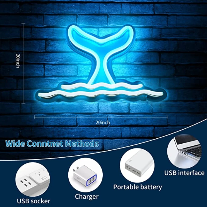 Blue Whale Tail Wave Neon Sign Art Lâmpada de parede, USB Estética, Decoração do quarto, Presente para quarto de criança, Casa, Bar, Festa, Luzes LED engraçadas