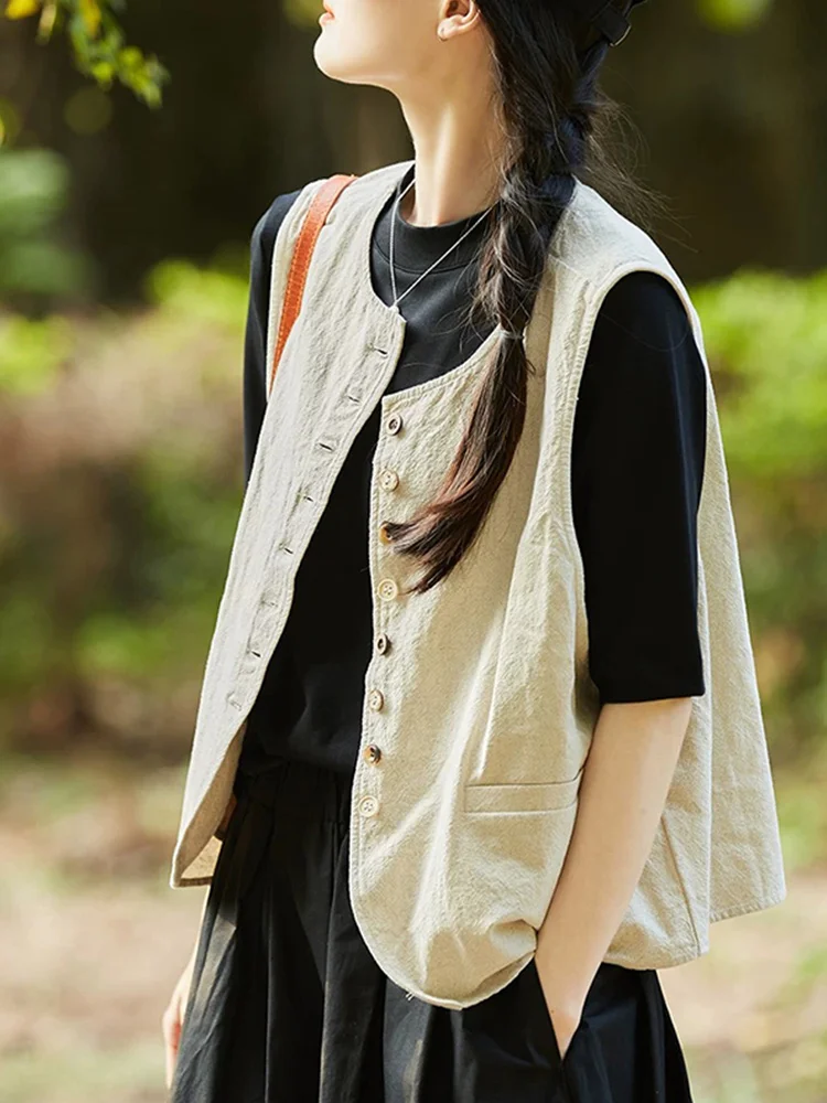 

Ретро японский хлопковый льняной жилет, женский ранний осенний свободный многослойный круглый льняной жилет Ne Svel, топ Jaet