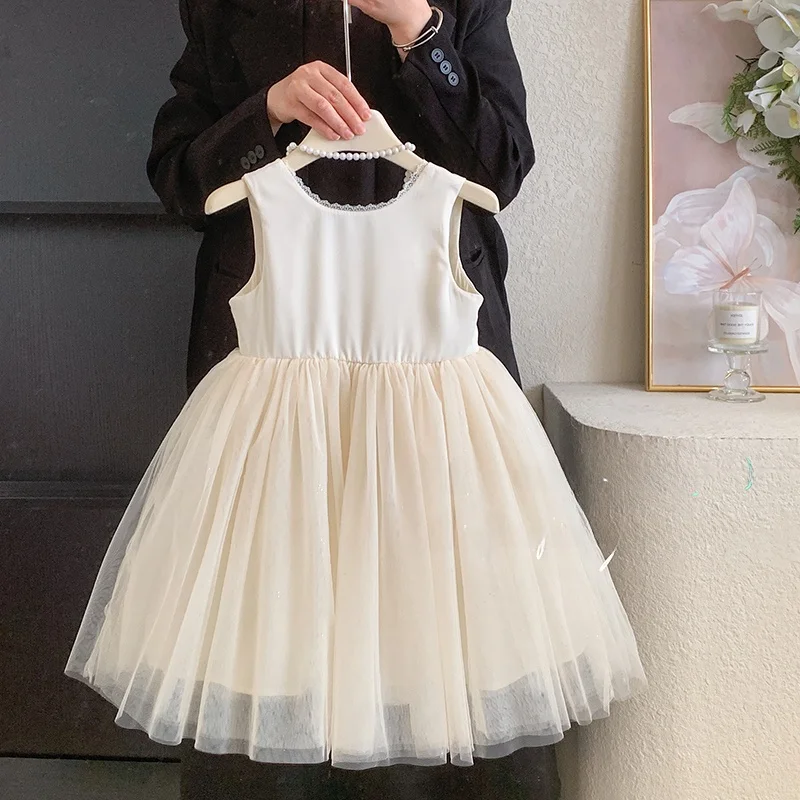 Vestido de Verão para Meninas Estilo Coreano Sem Mangas Vestido Infantil Saia A-Line de Comprimento Médio Forrado em Algodão ...