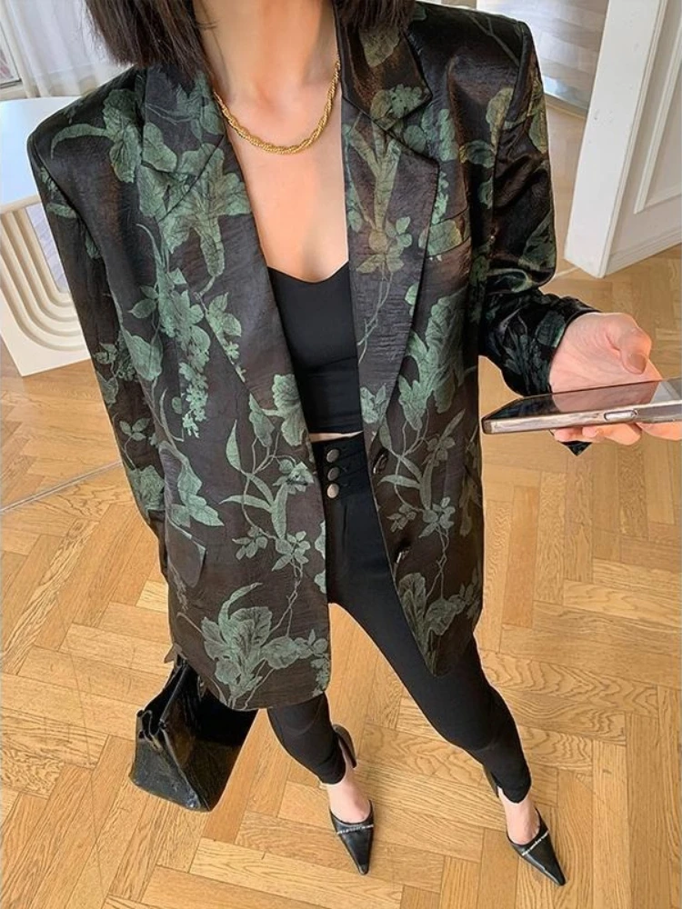 Women's 2025 Spring/Autumn High-End Black Blazer - French Style Slimming Versatile Printed Jacket