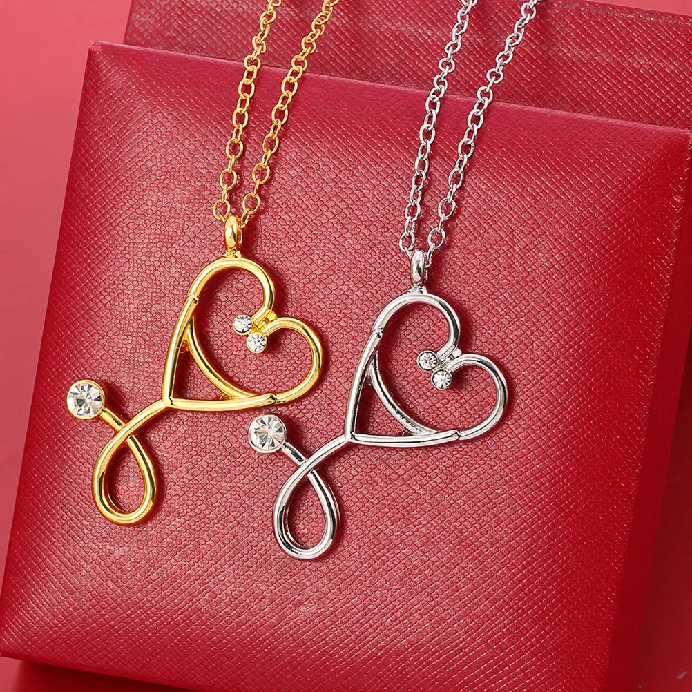 2Pcs Love Stethoscope Necklace for Women Premium Metal Pendant Clavicle Chain Fashion Elegant Punk Retro Valentine Gift Golden