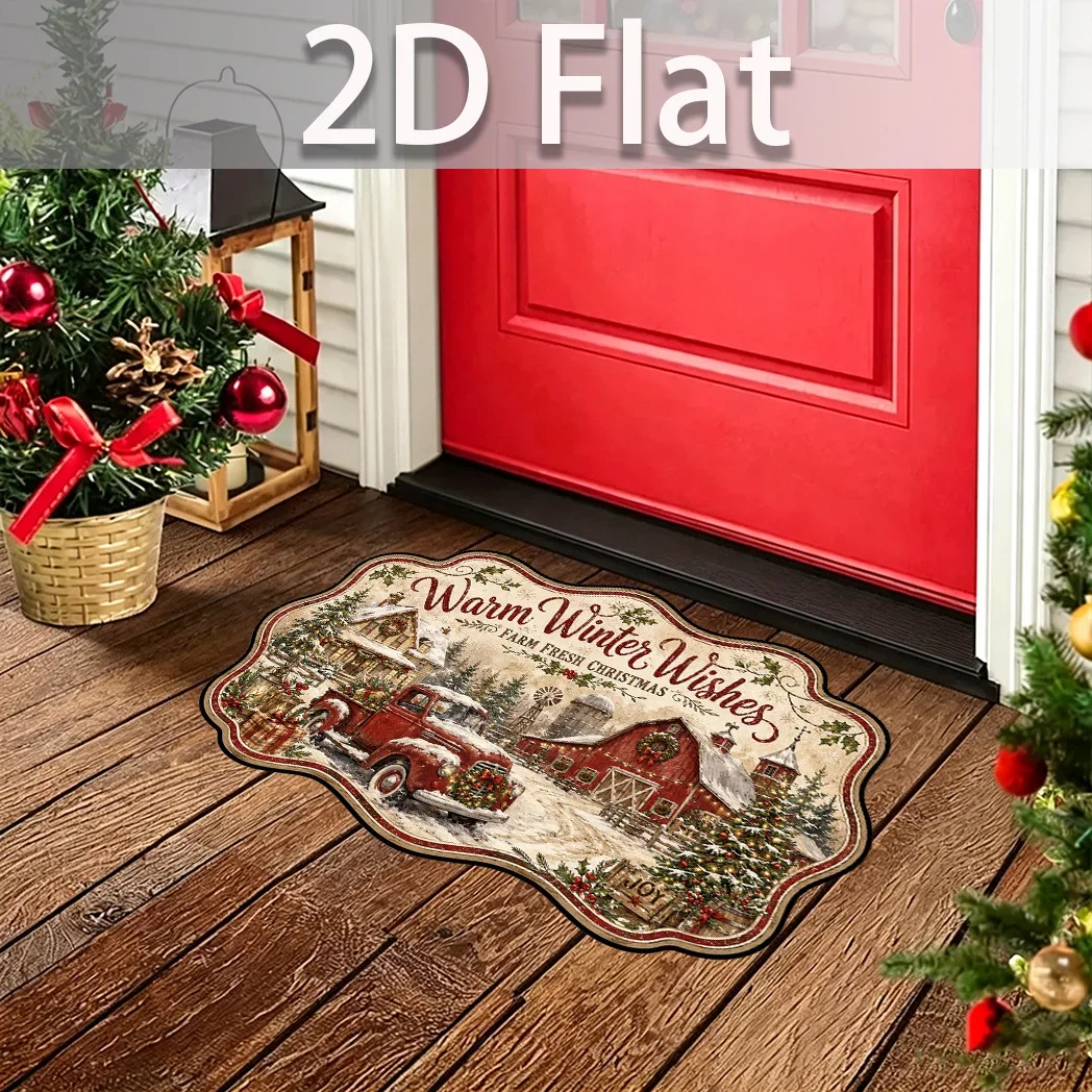 Festive Snow Farm Landscape Area Rug Irregular Framed Red Truck Barn Print Mat For Indoor Holiday Ornament