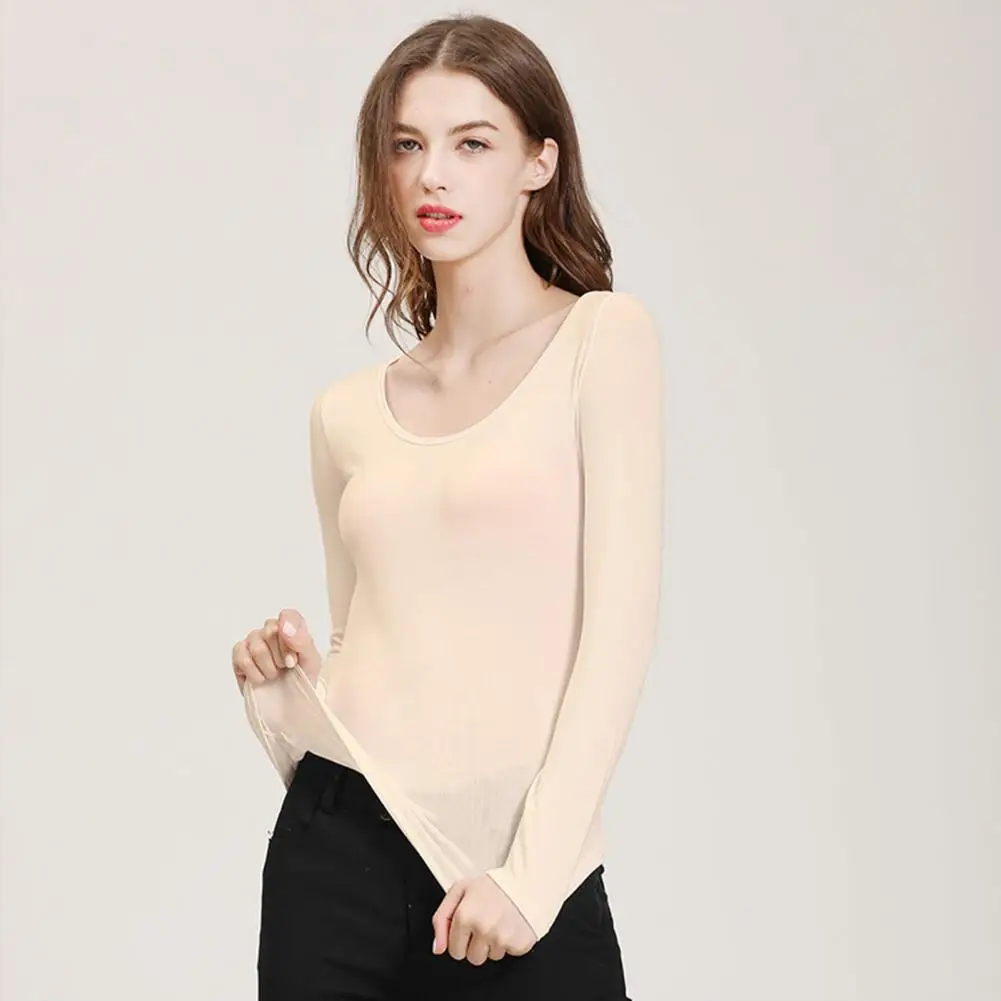 Women T-shirt Scoop Neck Solid Color Basic Long Sleeves Pullover Warm Close-fitting Breathable Women Base Top for Daily Wear