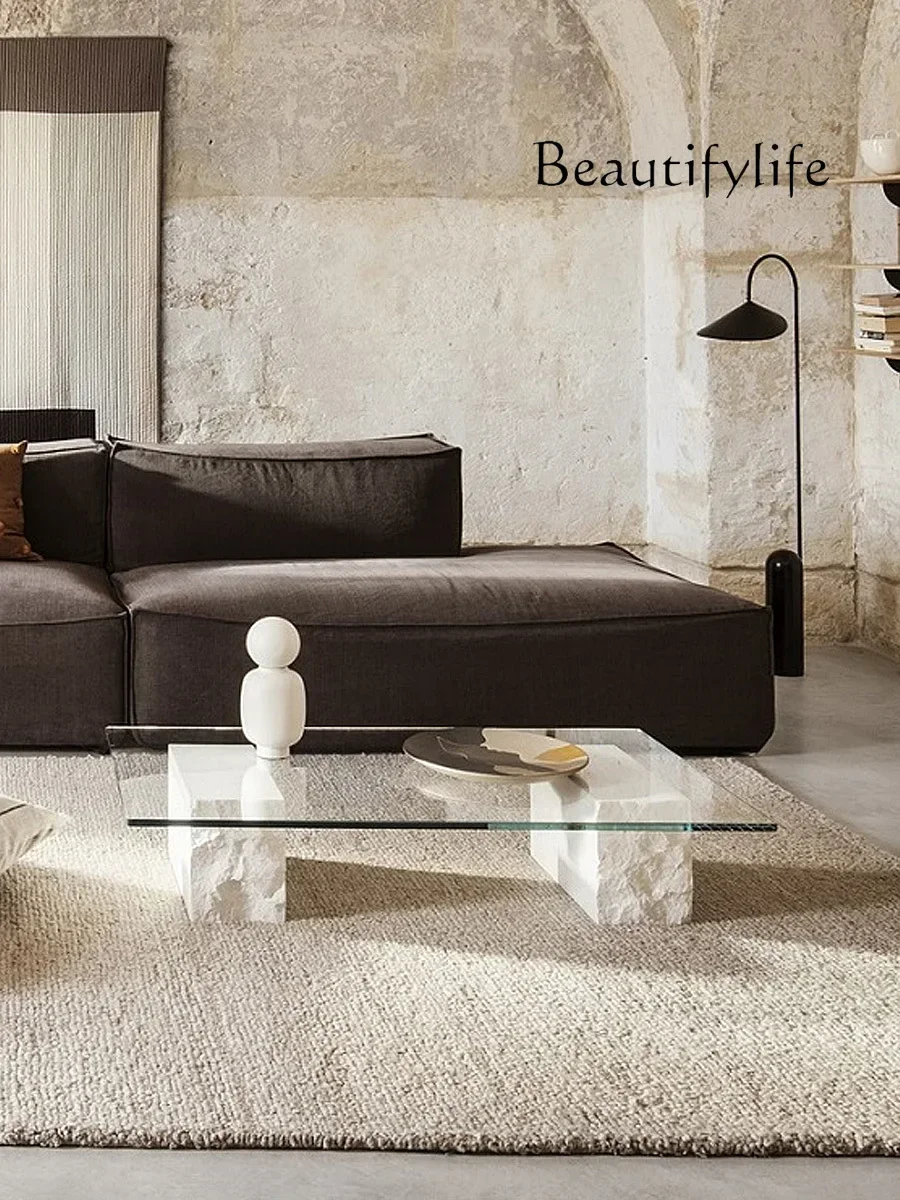 

Rr ZS Modern Simple Tempered Glass Coffee Table White Marble Base Personality Destruction Style Designer Living Room Tea Table