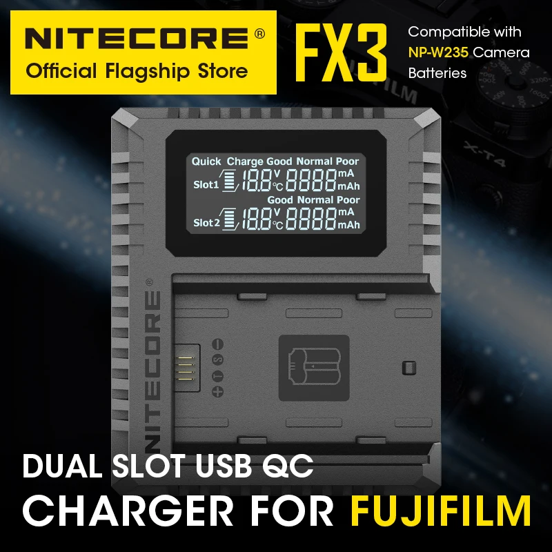 

NITECORE FX3 Intelligent Camera Charger Dual Slot USB Type C LCD QC Fast Charge 1500mAh For Fujifilm XT4 GFX100S NP-W235 Battery