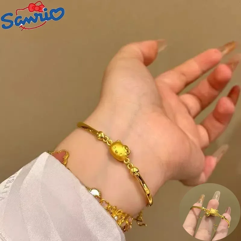 

Sanrio Hello Kitty Gold Bracelet Zinc Alloy Cute Light Luxury Girl Design Premium Sense with Bell Birthday Gift for Girlfriend