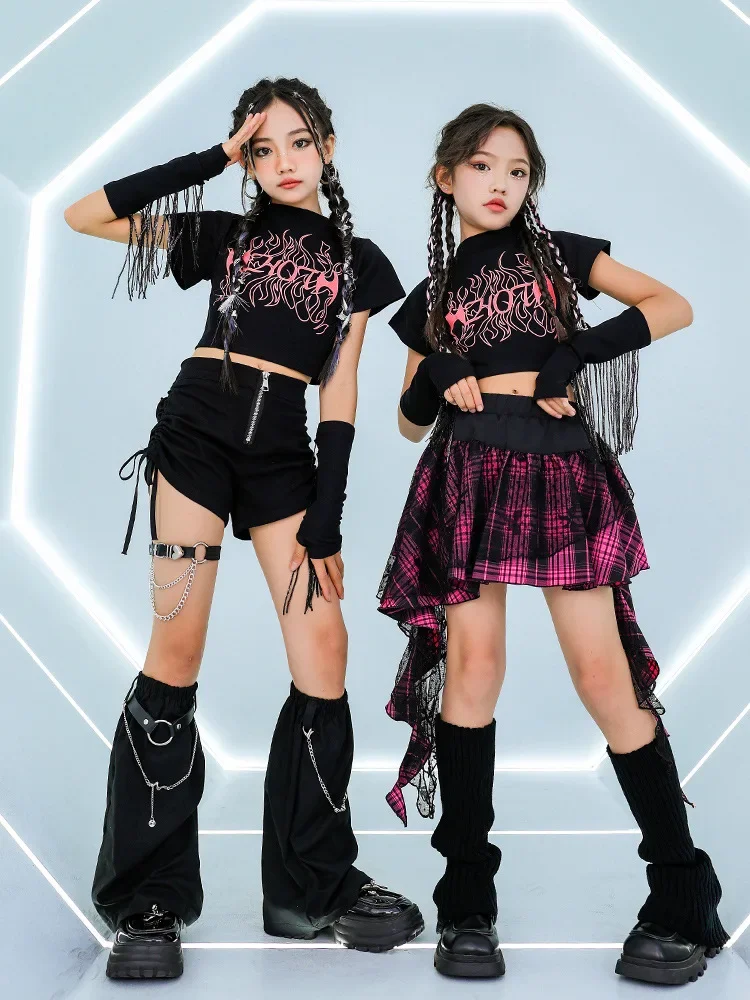 Mädchen Kpop Jazz Dance Kostüm Schwarz Tops Hip Hop Shorts Rock Outfits Kinder Performance Kleidung Konzert Bühne Tragen